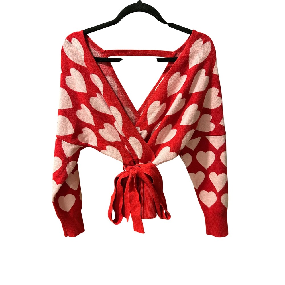 Umgee USA Red Pink Heart Print Wrap Peplum Sweater Long Sleeve Small